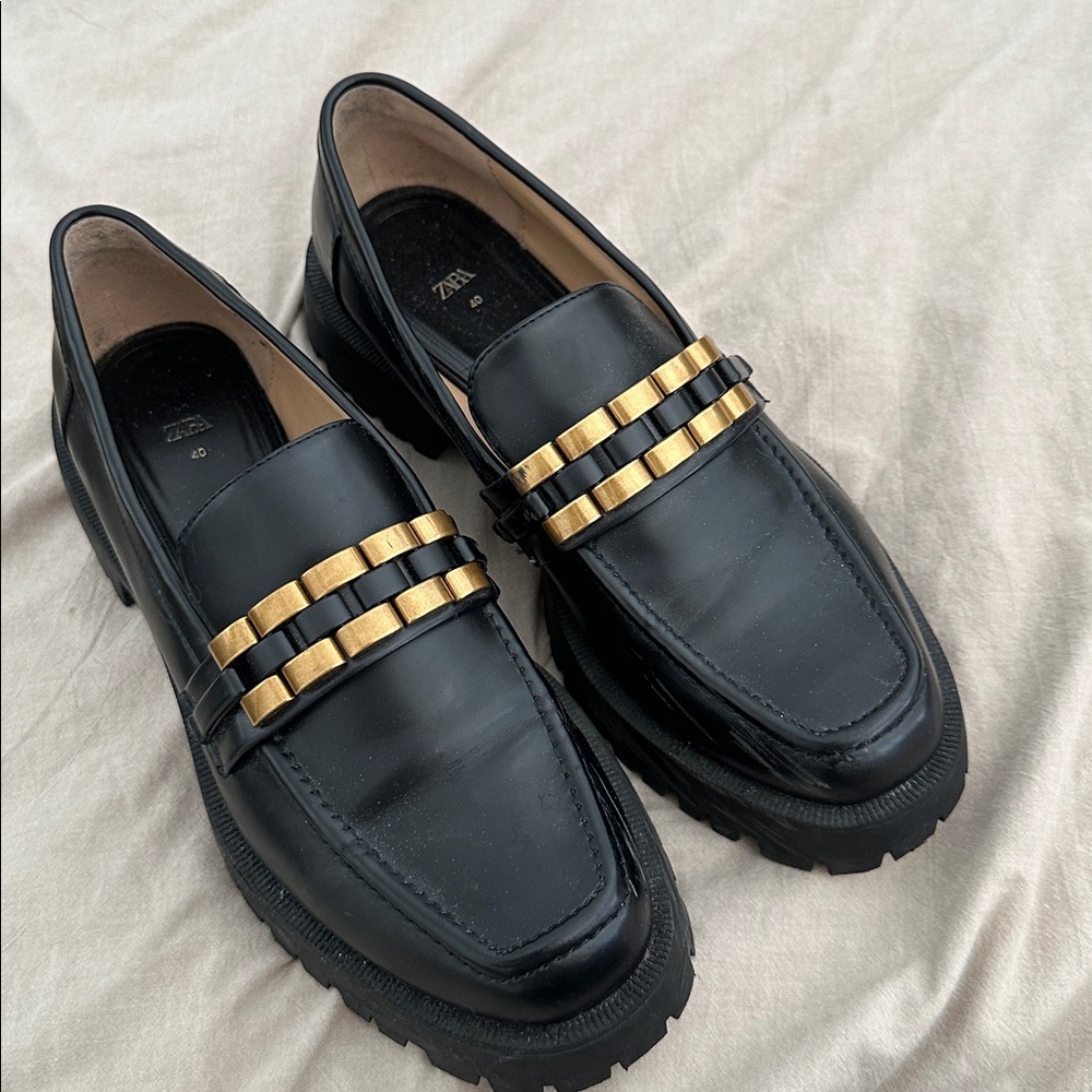 Zara Black Loafers with Gold Detailing